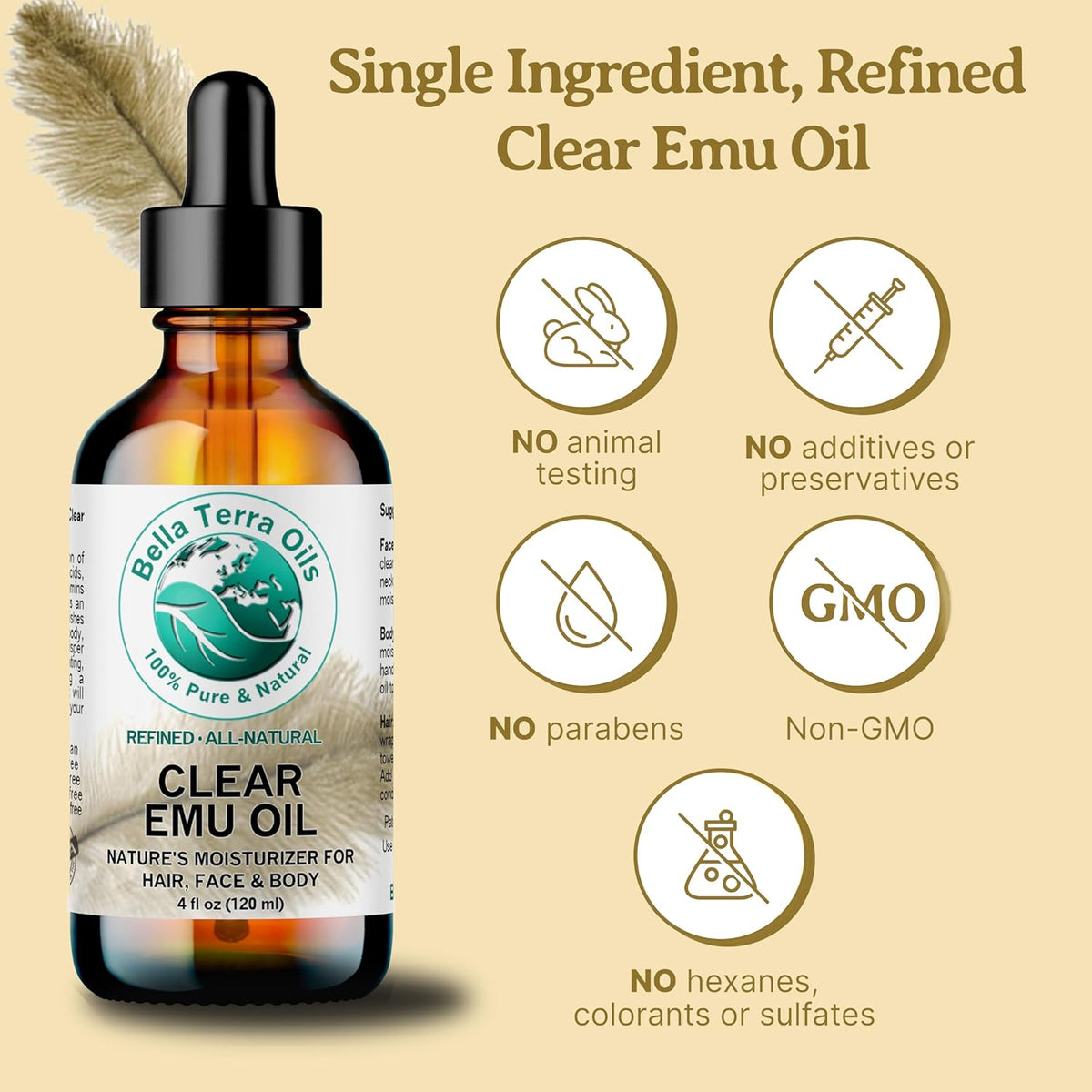Bella Terra Oils Versatile Clear Emu Oil for Hair, Skin, and Nails – 1 gallon, Non-Greasy, Quick Absorbing