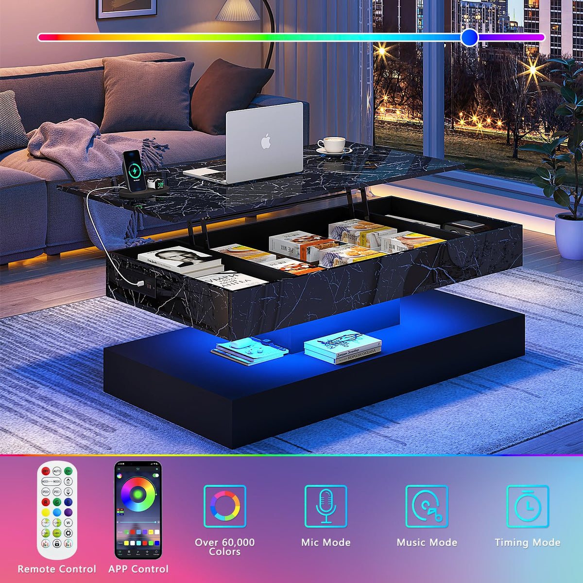 chartustriable 47.2" Large Lift Top Coffee Table with Charging Station, LED Modern High Glossy Center Table with Hidden Compartment Storage, White Lift Living Room Tables with Marbling Print, Black