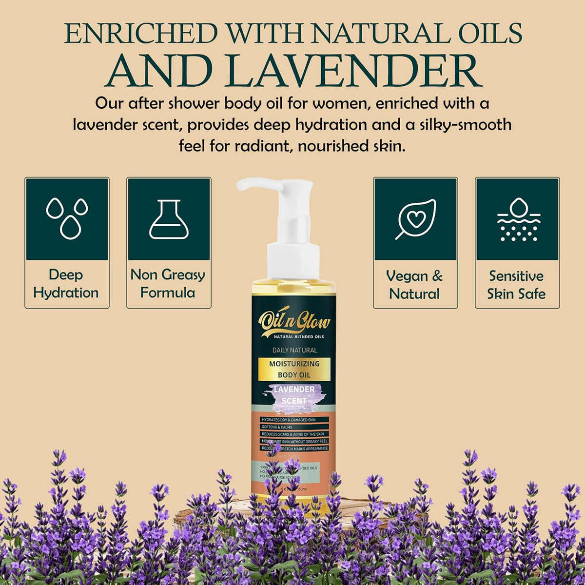 USDA Certified Organic Pure Natural Hydrating Body Oil After Shower With Coconut, Jojoba, Olive & Almond Non-Greasy Moisturizing Oil For Women & Men Dry Skin 5.07 fl oz/150ml- Lavender Scent