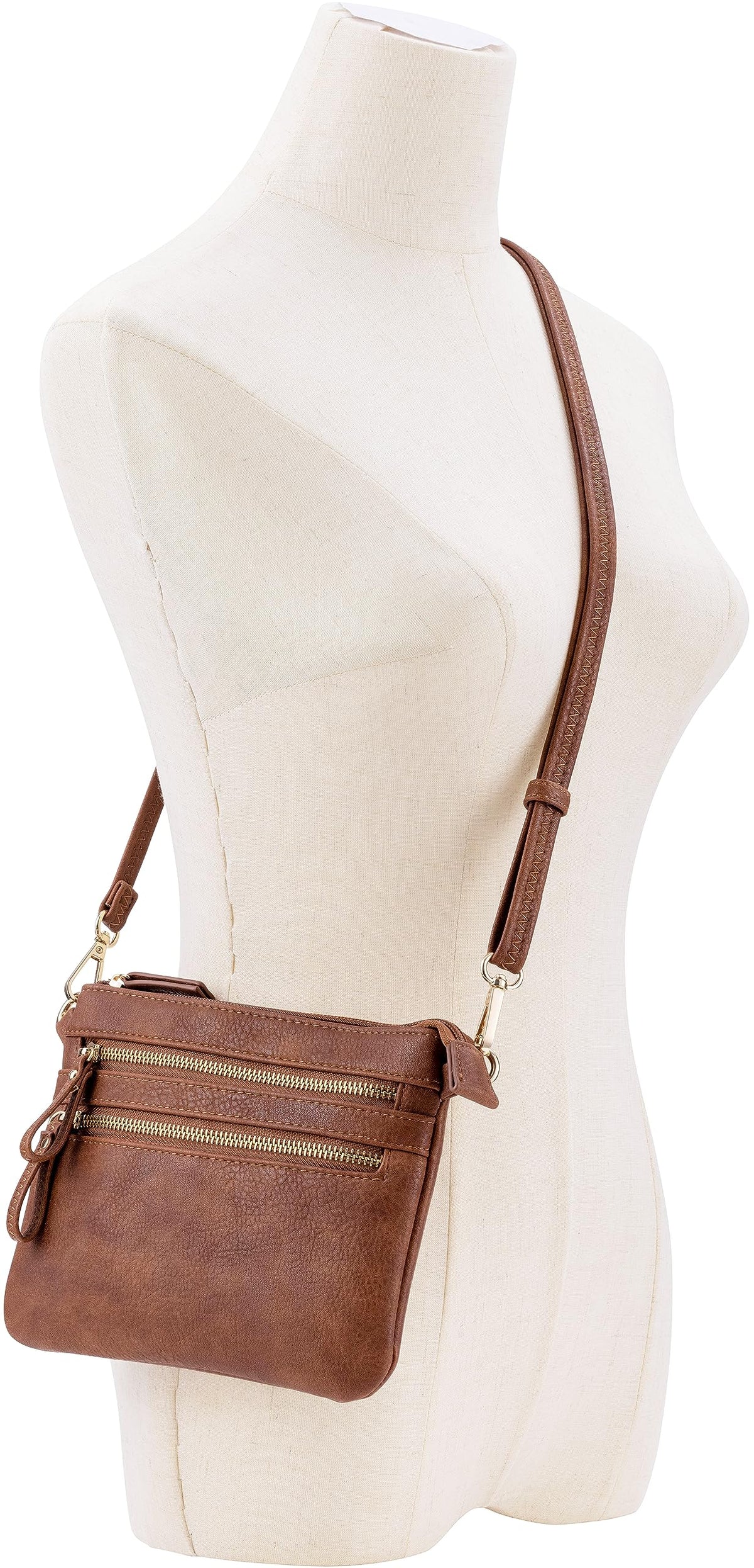 B BRENTANO Vegan Mini Multi-Zipper Crossbody Handbag Purse with Removable Wristlet & Adjustable Shoulder Strap (Brown NN)