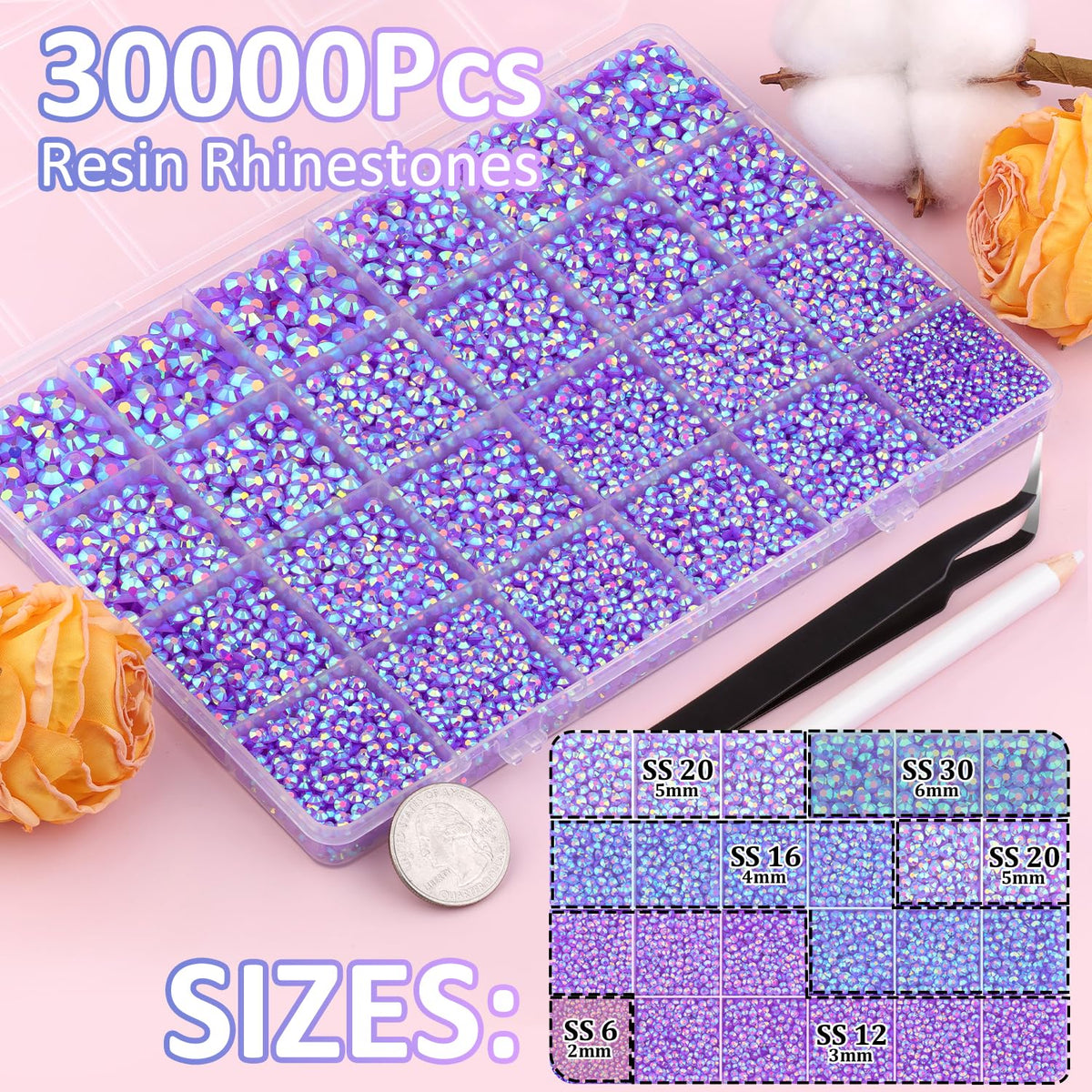 30000Pcs Dark Purple AB Rhinestones for Bedazzling with B7000 Jewelry Glue, Bedazzler Kit Flatback Gems, Resin Rhinestones for Crafting Crafts Clothing Shoes Fabric Nail Art Assorted Size 2/3/4/5/6mm