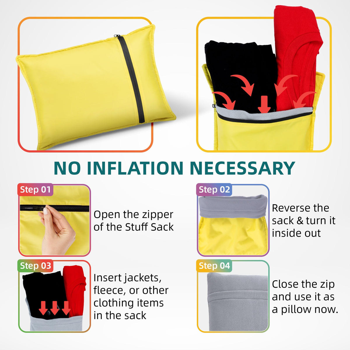 Elan Quest Stuffable Camping Pillow Sack (Small, Yellow) - 10 x 14 - Camping Essentials for Hiking, Backpacking and Travel Essentials - Sold Unstuffed Bring Your Own Stuffing