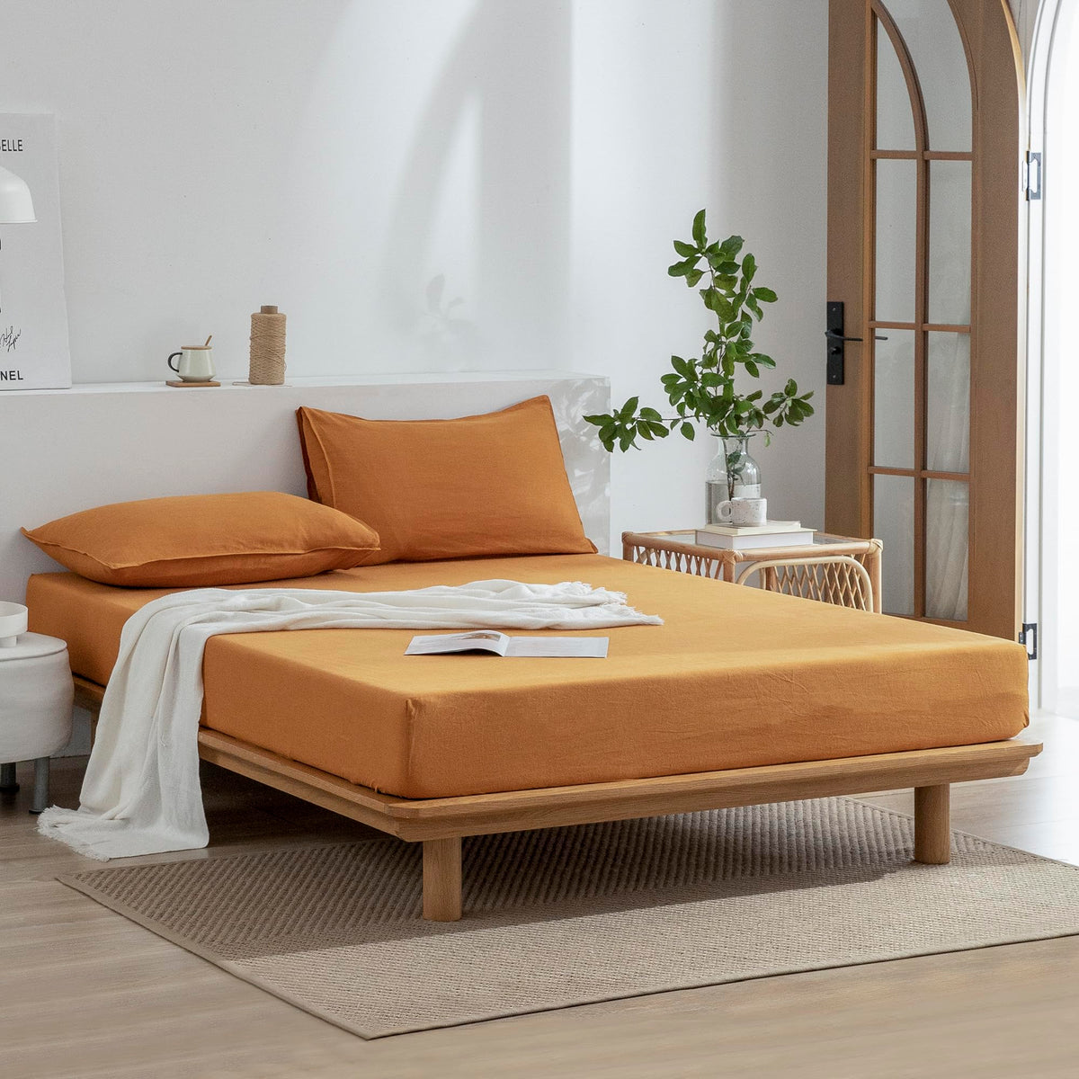 EVERLY 100% Linen Pillowcases Set of 2, Envelope Overlap Closure French Natural Washed Flax Pillowcases 20x26inches-Caramel