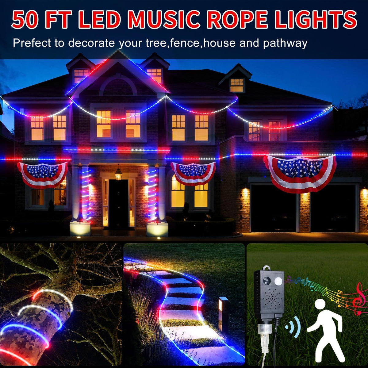 Kenburg 4th of July Red White and Blue Rope Lights with Patriotic Music, 50ft 600 LED 8 Modes Fourth of July Decorations Plug in Timer Tree Lights Outdoor for Independence Day Memorial Day