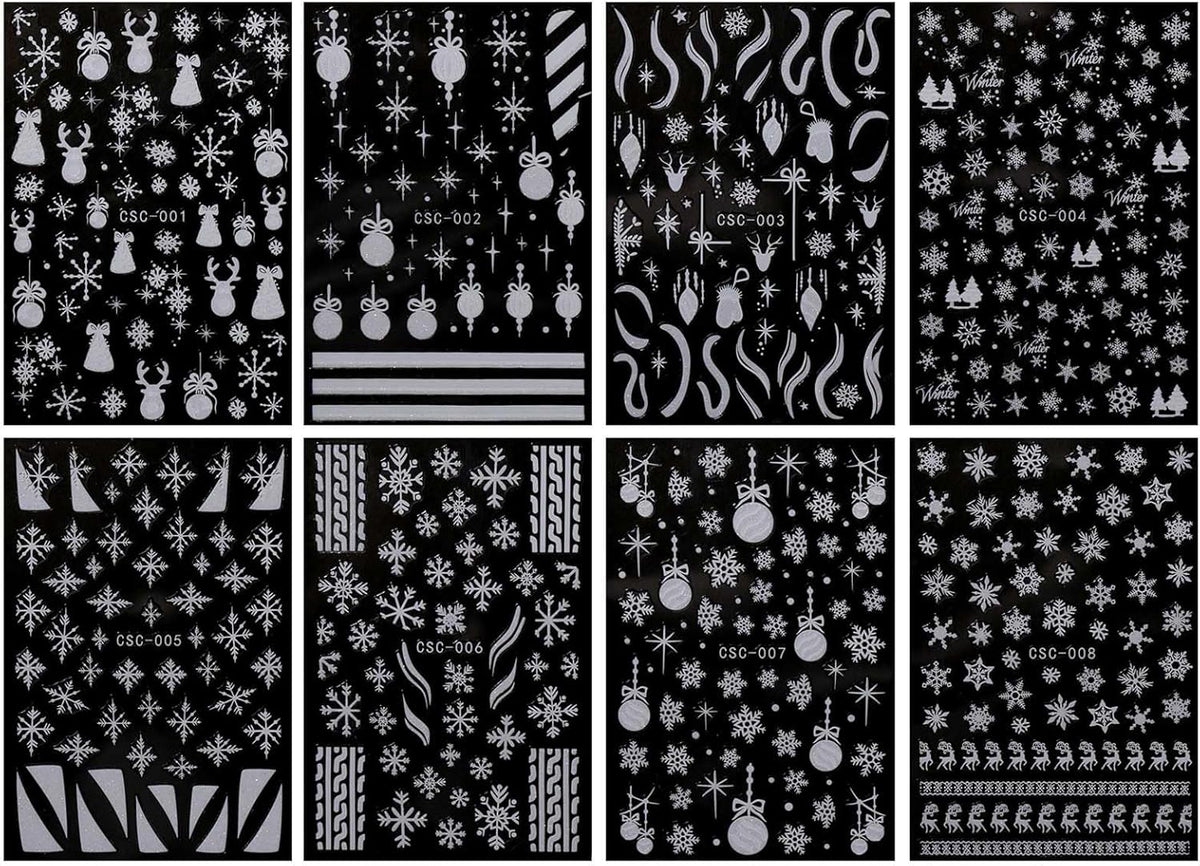 JMEOWIO 8 Sheets Christmas Glitter Nail Art Stickers Decals Self-Adhesive Cute Snowflake Winter Holiday White Nail Supplies Nail Art Design Decoration Accessories