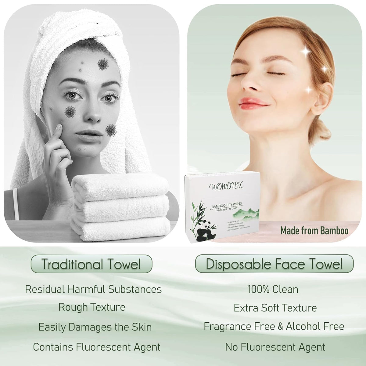Travel Size Bamboo Viscose Disposable Face Towel Biodegradable Large Dry Face Wipes 30 Count/2 Box Extra Thick Soft Clean Facial Towels for Facial and Body Cleansing, Travel, Camping