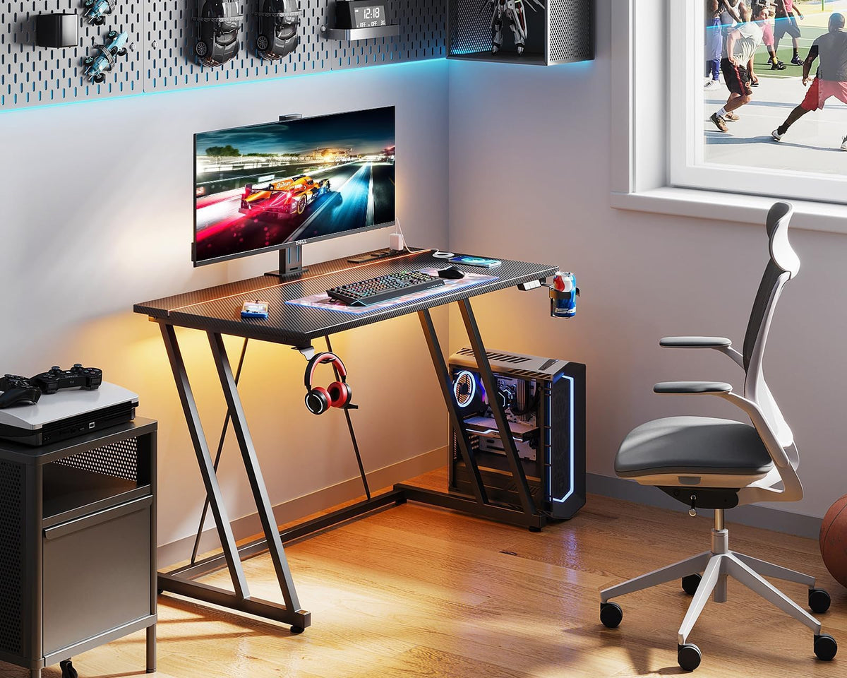 MOTPK 39 Inch Small Gaming Desk with LED Lights & Power Outlet, Computer Desk for Small Space, Gaming Table with Carbon Fiber Texture, Kids Desk Gift for Boys Men, Black