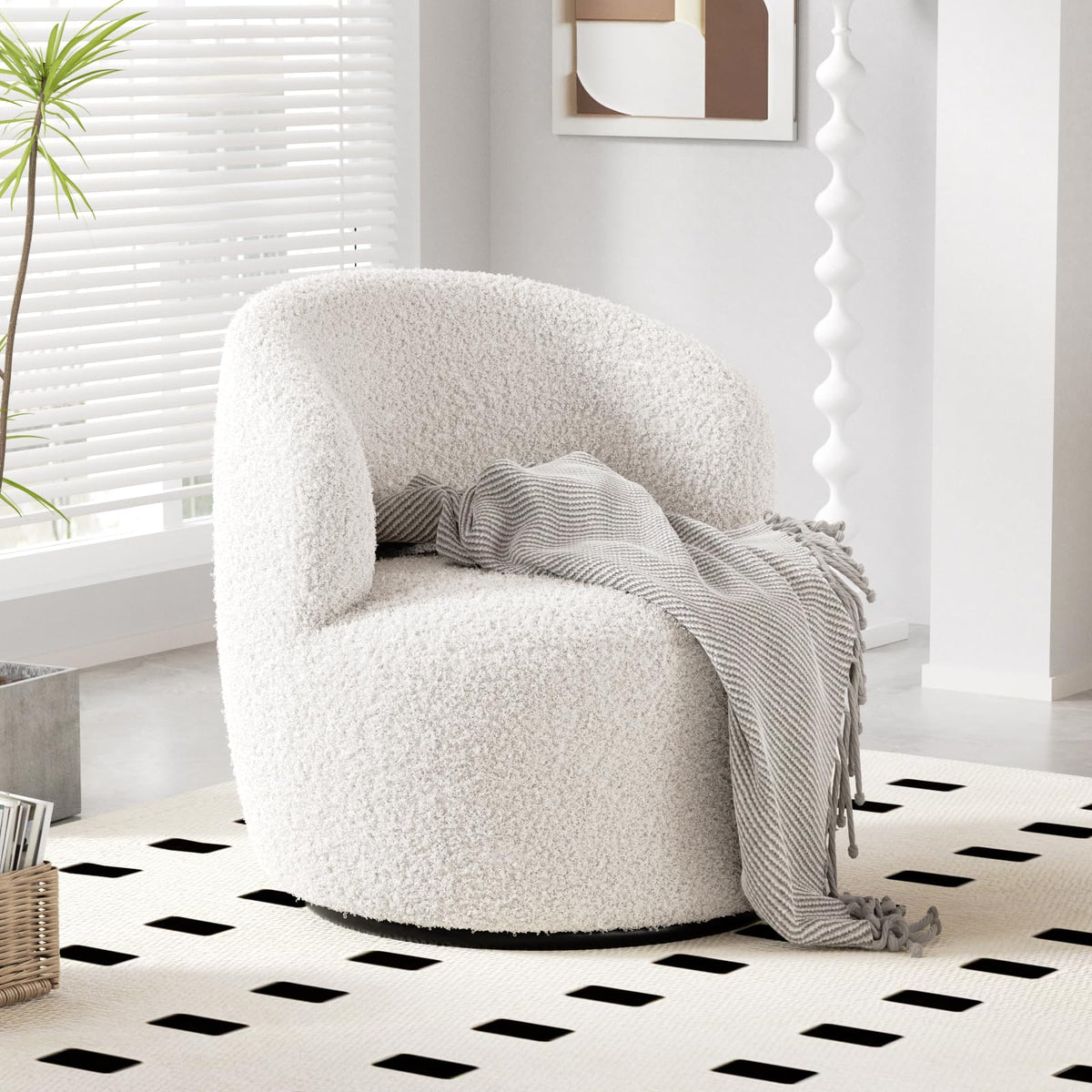 FiveWillowise Swivel Accent Chair, 360° Small Round Barrel Chairs, Modern Cozy Sherpa Padded Armchair, for Living Room, Bedroom, Waiting Room, Office, White