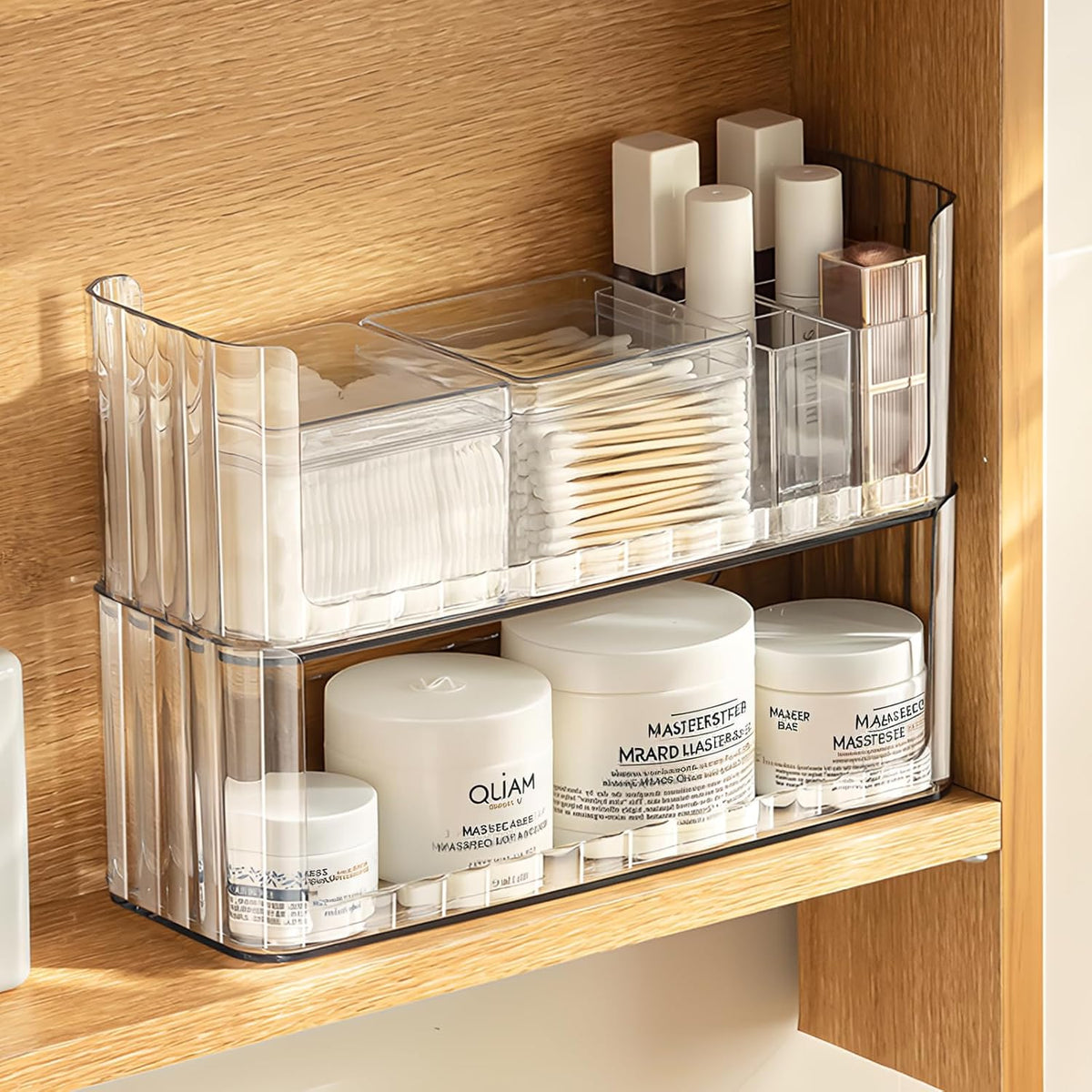 2-Tier Stackable Medicine Cabinet Organizer, Narrow Bathroom Makeup Organizer with Lipstick Holders & Cotton Swab Cases, Clear Countertop Shelf for Mirror Cabinet and Vanity