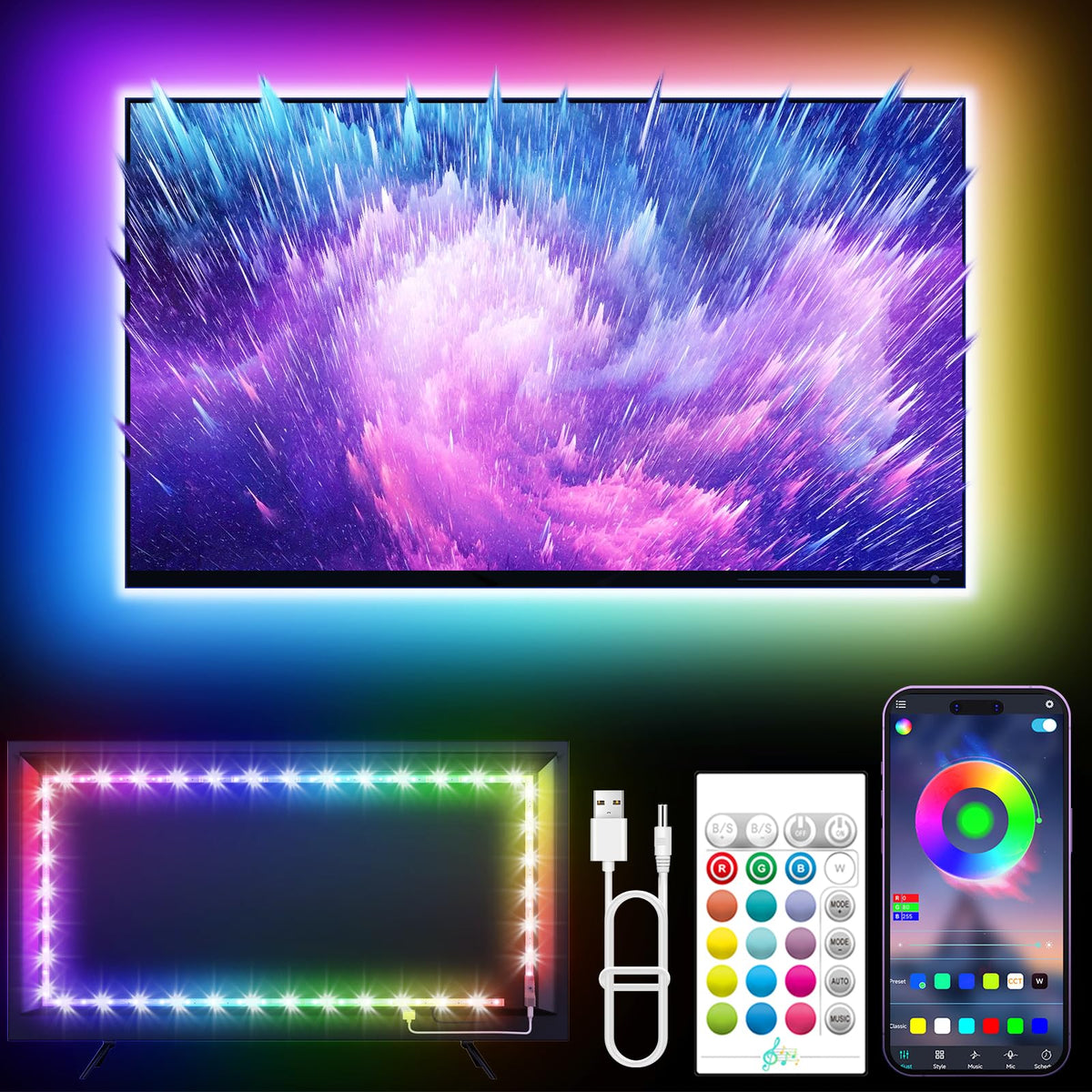 LED Lights for TV, 16.4ft LED Lights for 45-75 Inch TVs, RGB TV Backlight Behind, Music Sync Bluetooth APP & Remote Control Strip Lights USB Powered for Bedroom/Gaming