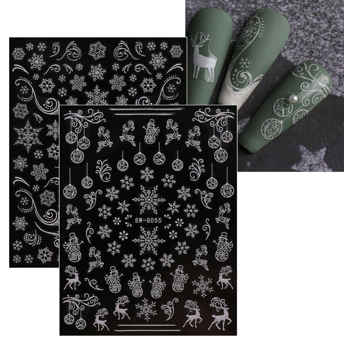 JMEOWIO 9 Sheets Christmas Glitter Nail Art Stickers Decals Self-Adhesive Snowflake Winter Holiday White Nail Supplies Nail Art Design Decoration Accessories
