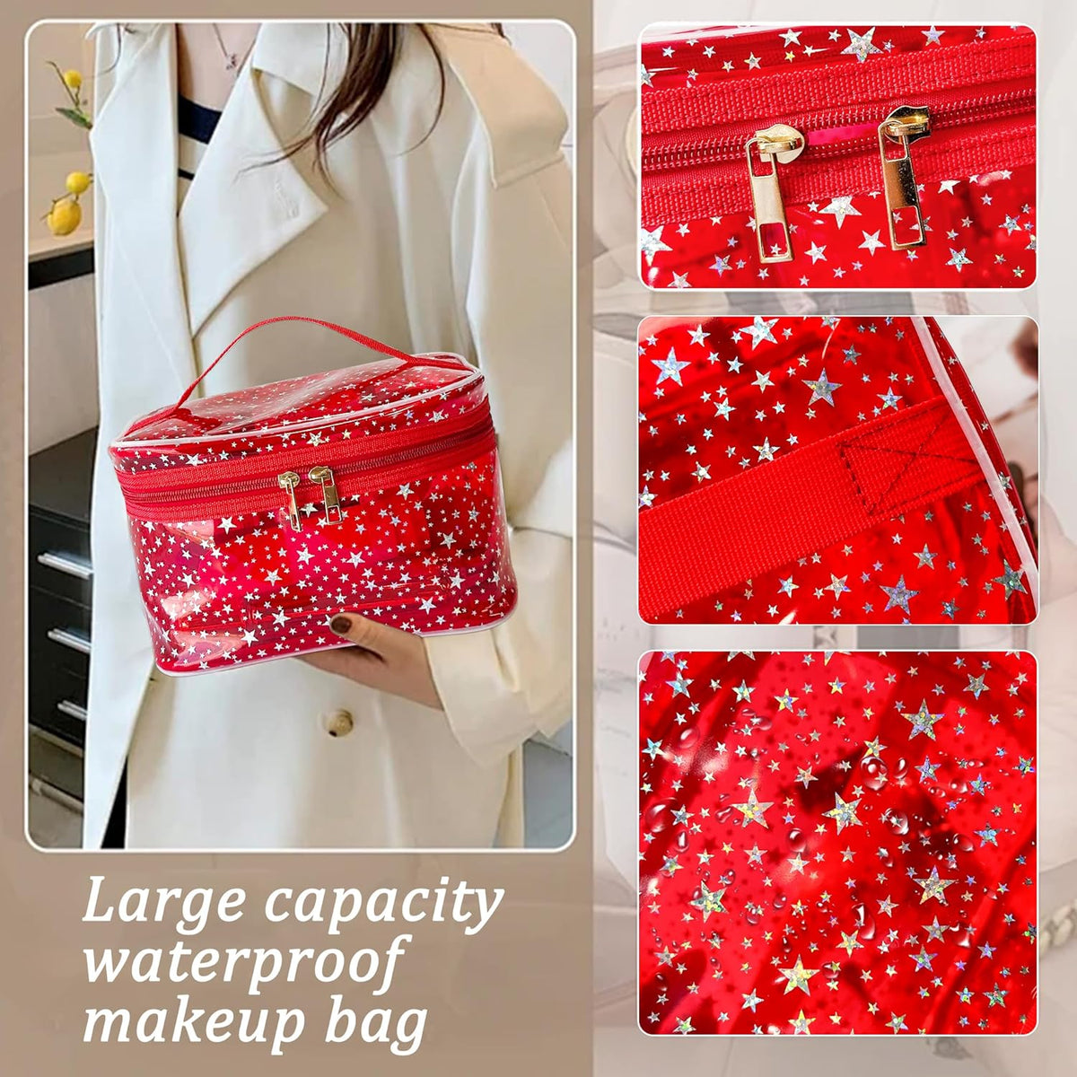 Holographic Makeup Bags Bulk,Clear Storage Bag Toiletry Pocket Portable Zippered Iridescent Pouch Waterproof Cosmetic Gift Bags for Women (Orange-L)