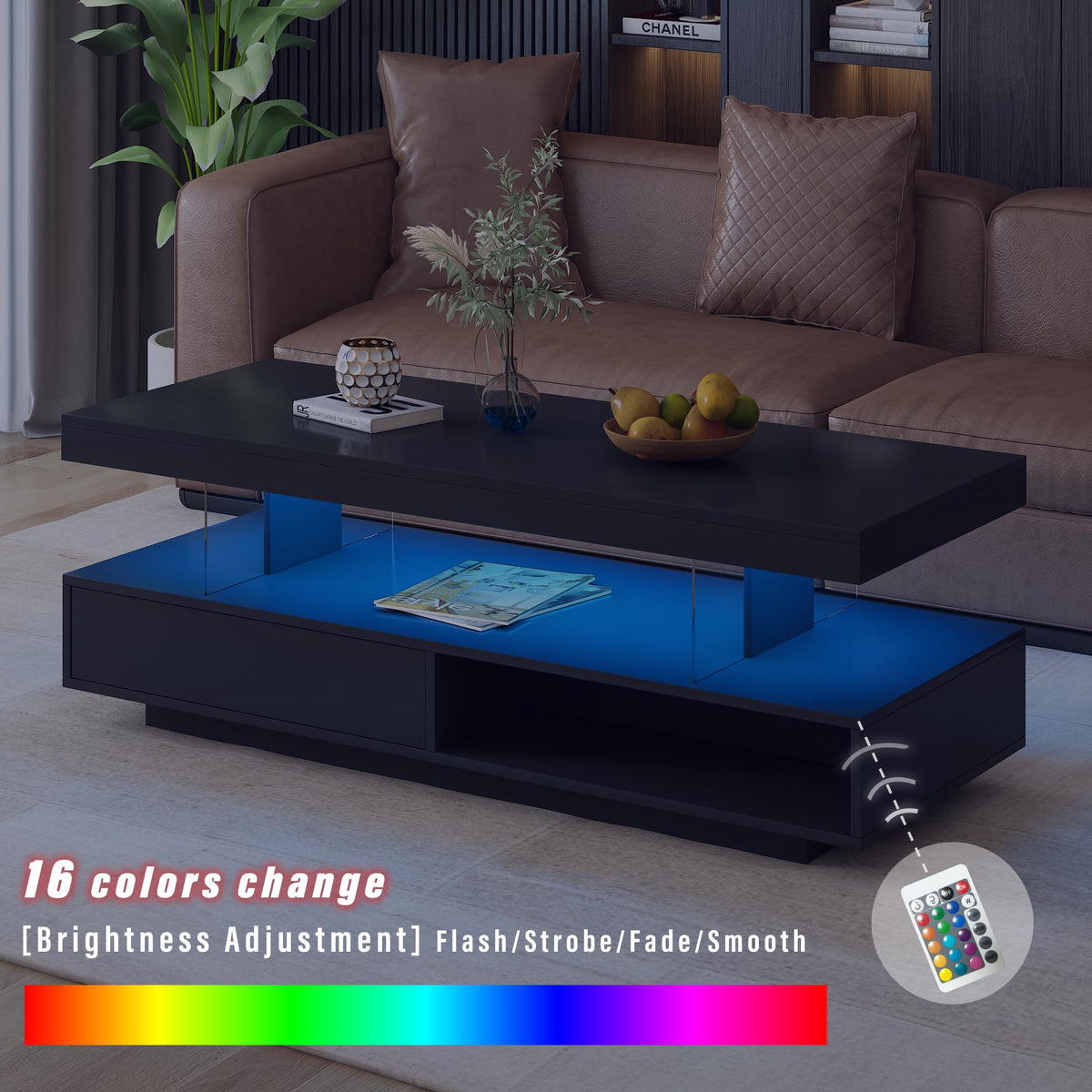 LUMISOL High Gloss Coffee Table with 16 Colors LED Lights, UV Cocktail Table with 2 Drawers and Display Shelf, Modern Center Table for Living Room, Black