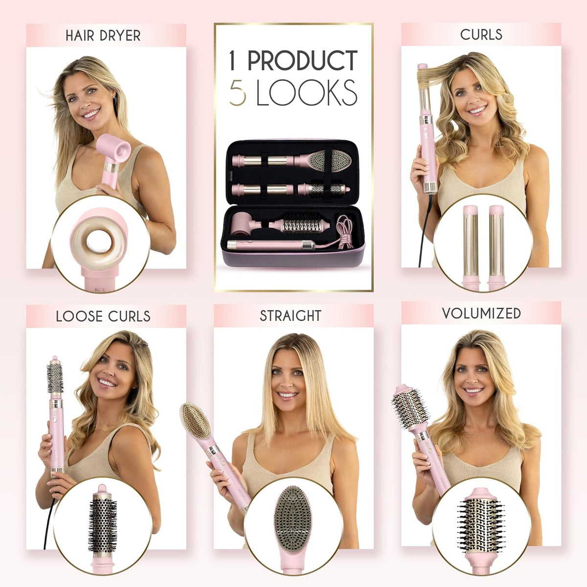 ELLA BELLA® 6 in 1 Professional Hot Air Styler • Powerful Hair Dryer & Straightener Set • Styling Without Heat Damage • Fast Drying Curling Volumizing Straightening • Protective Travel Case (Pink)