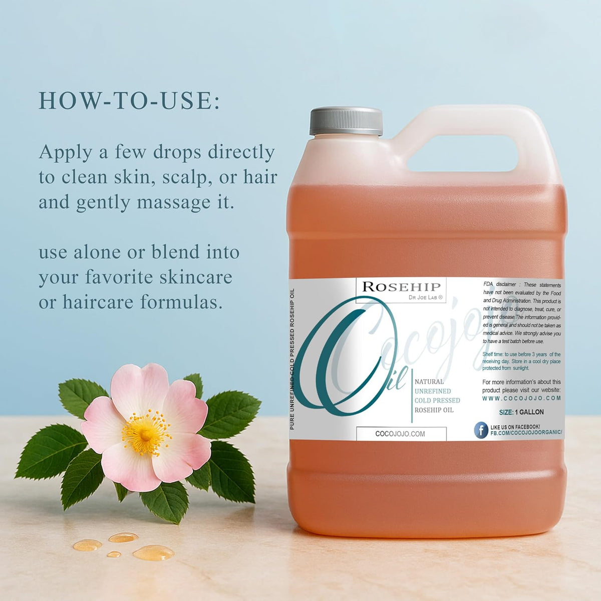 Dr Joe Lab Rosehip Oil - Bulk 128 oz 1 Gallon - Pure Unrefined Cold Pressed Natural Vegan Non GMO Virgin Seed Carrier Oil - Hair Skin Face Body Nails Cuticle Under Eye Mature Sensitive