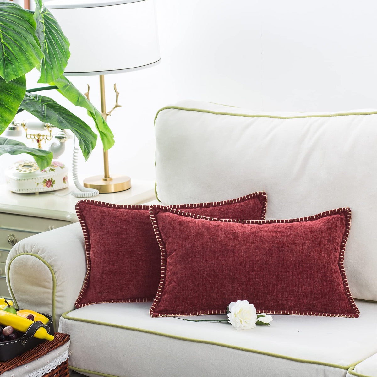 CaliTime Throw Pillow Covers Decorative 12 X 20 Inches Pack of 2 Cotton Thread Stitching Edges Solid Dyed Soft Chenille Cushion Cases for Couch Sofa Bed Living Room Farmhouse Burgundy