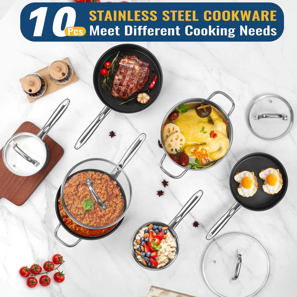 P&P CHEF 10 Pcs Pots and Pans Sets, Stainless Steel Cookware Set of 6 for Kitchen, Induction Cooking Pot & Saucepans with Glass Lids, Nonstick Frying Pans & Saute Pan