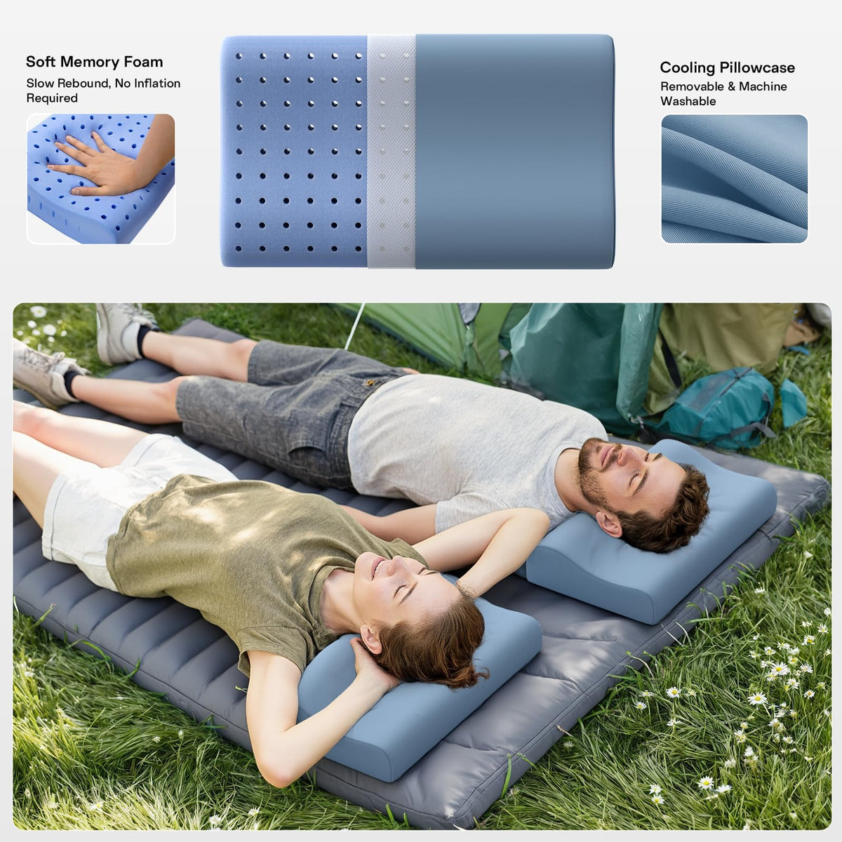 Ruizman Camping Pillows for Sleeping - Memory Foam Travel Pillow 2 Heights Use - Small Travel Pillow for Camping, Hiking, Backpacking with Storage Bag (Blue)