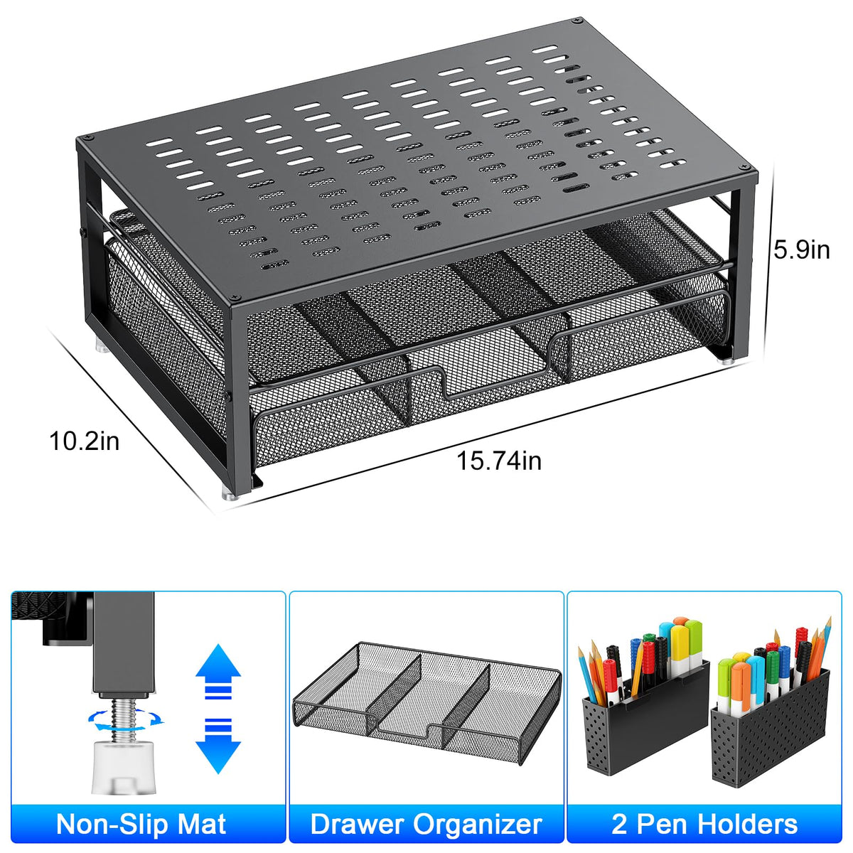 gianotter Desk Organizers and Accessories, Monitor Stand with Drawer and 2 Pen Holder, Desktop Organizer Suitable for Offices and Dormitories (Black)