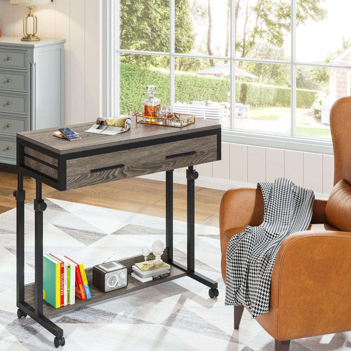 LITTLE TREE Portable Computer Desk with Wheels, Mobile Laptop Desk Table Standing Desk, Small Portable Desk Bed Desk with Drawers for Home Office (Grey, Adjustable Height 27.5'' to 41.3'')