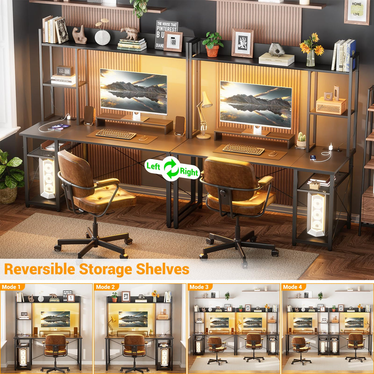 Cyclysio Gaming Desk with Hutch, 47'' Computer Desk with LED Lights & Power Outlets, Home Office Desk with Reversible 5 Tiers Storage Shelves & Monitor Stand, Small Gaming Table for Small Space, Black