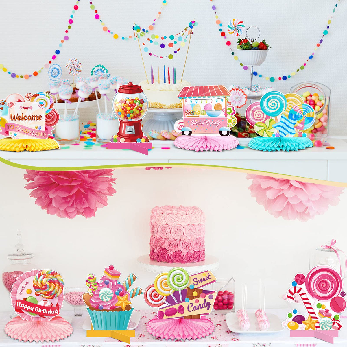 Marspark 10 Pieces Candyland Party Decorations Lollipop Table Topper Sweet Candy Table Centerpieces Boho Honeycomb Centerpieces Lollipop Decorations for Birthday Baby Shower Sweet Shop Party (Candy)