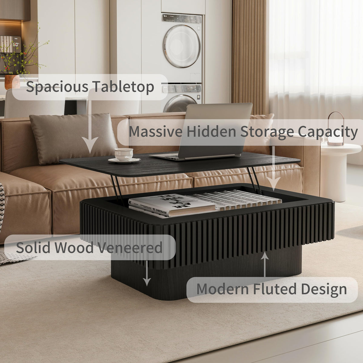 Black Coffee Table with Lifting Top Storage for Living Room,Fluted Lift Up Coffee Tables with Storage Solid Wood Center Table 38.6'' Modern Smart Rectangular Lift Up Tabletop for Apartment Office