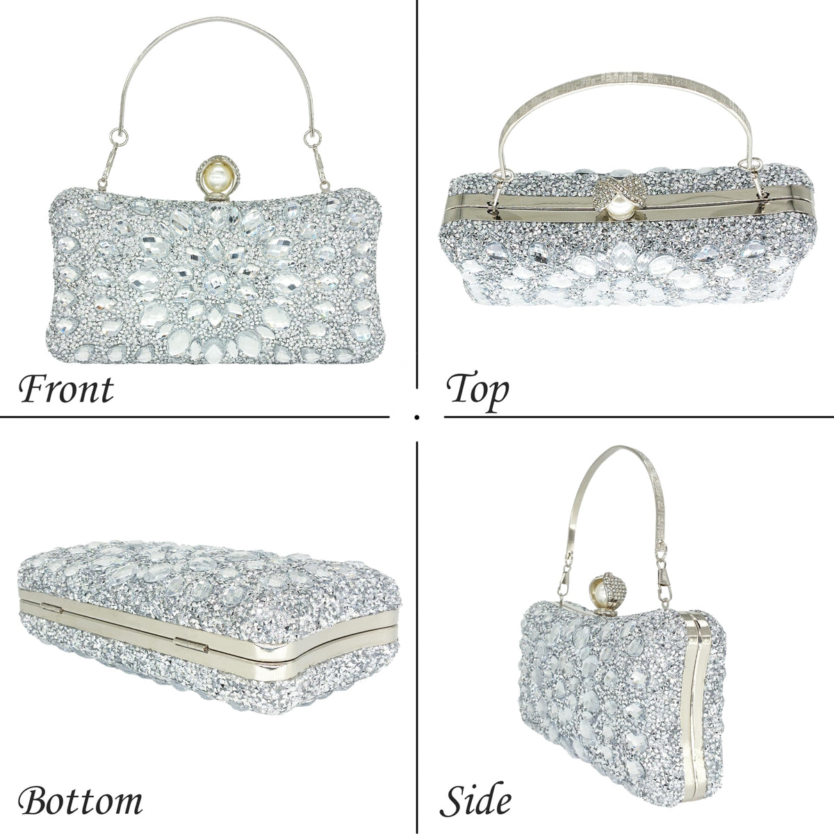 MAIRLOM Rhinestone Clutch Purses for Women Evening Wedding Formal - Pearl Clasp Handbag Crystal Gemstone Bag for Party Prom(Solid Silver)