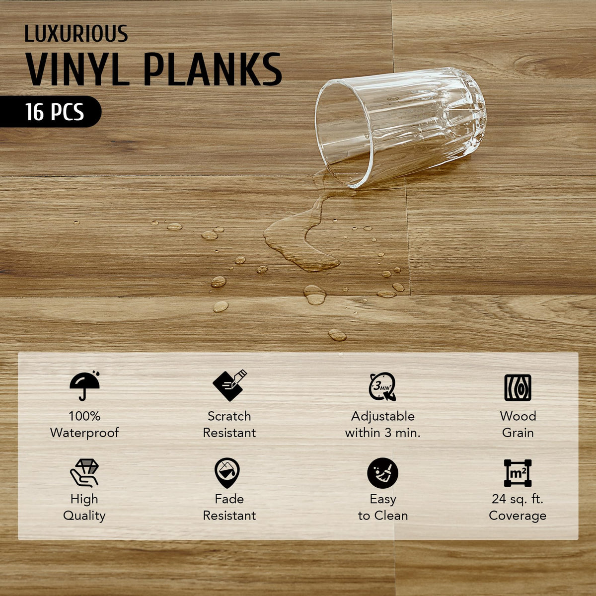 CO-Z Peel and Stick Floor Tile, Self Adhesive Vinyl Flooring 36x6 Inch, Waterproof Vinyl Tiles Removable Stickers for Living Room Bedroom Dining Room, 16-Pack 24 Sq. Feet, Light Oak