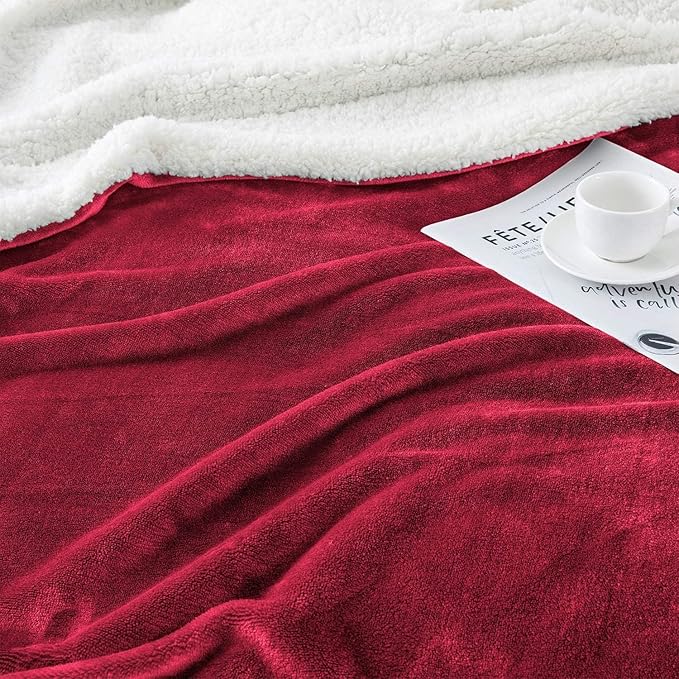 IR Imperial Rooms Sherpa Blankets Queen Size - Thick and Warm Blankets for Winter, Reversible Soft and Fuzzy Fluffy Queen Size Blanket for Bed, Burgundy, 90x90 Inches