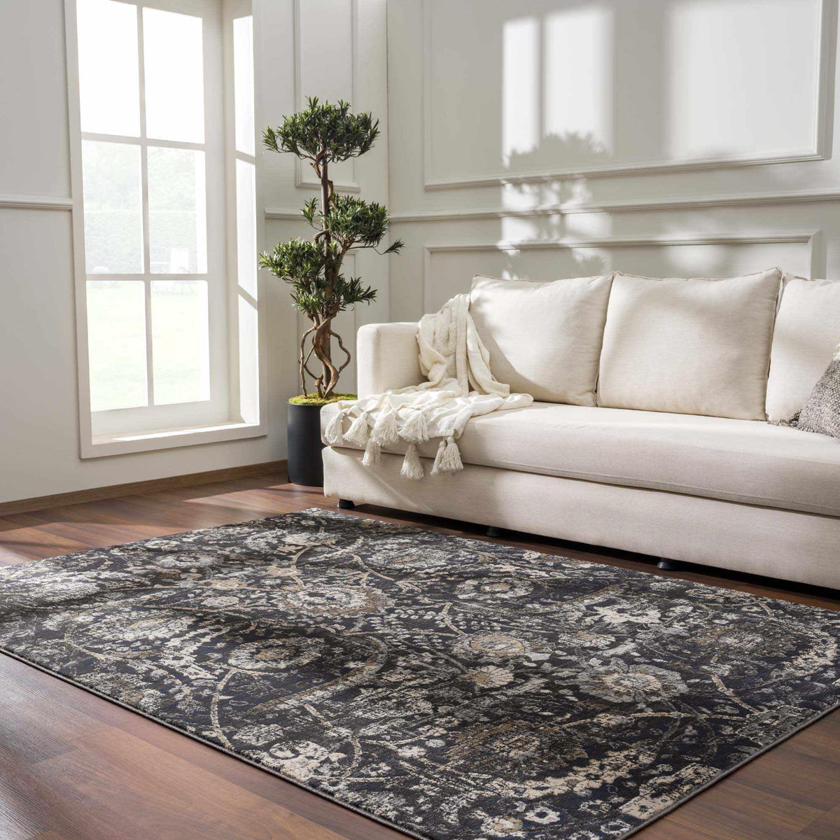 Hauteloom Owatonna Rustic Farmhouse Living Room Bedroom Dining Room Area Rug - Style - Traditional Floral Look - Dark Brown, Grey, Black, Cream - 5'3" x 7'3"