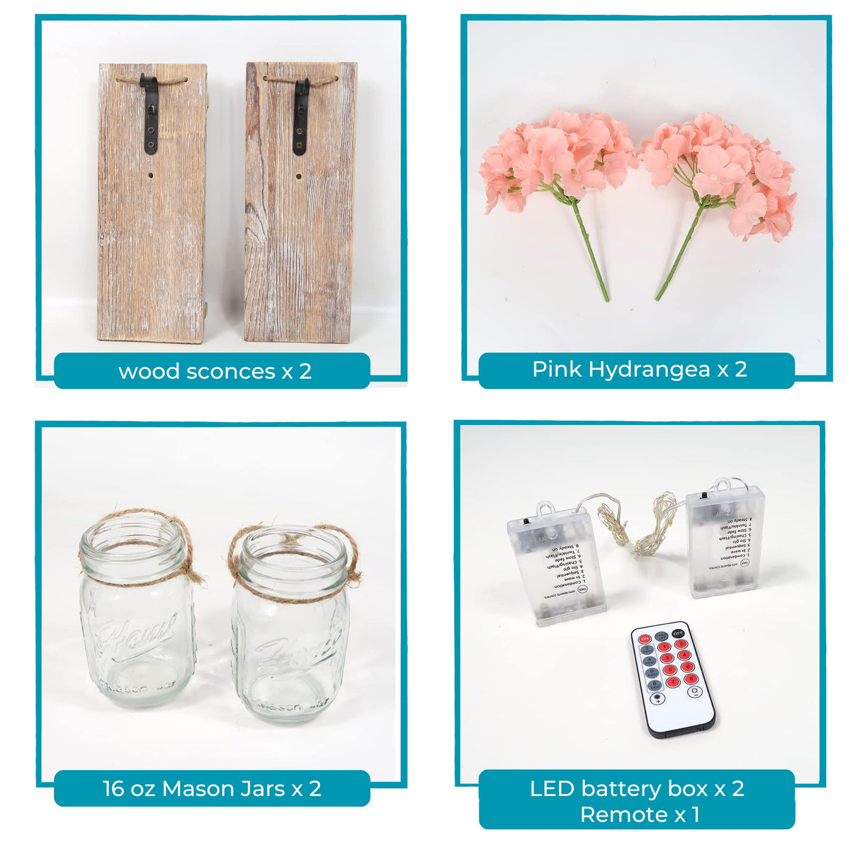 Besuerte Mason Jar Wall Decor Set of 2, Farmhouse Decor Living Room, Country Inspirational Rustic Hanging Accent Wall Decor with Remote Fairy Light & Pink Hydrangea Flowers(Medium,Rustic Brown)