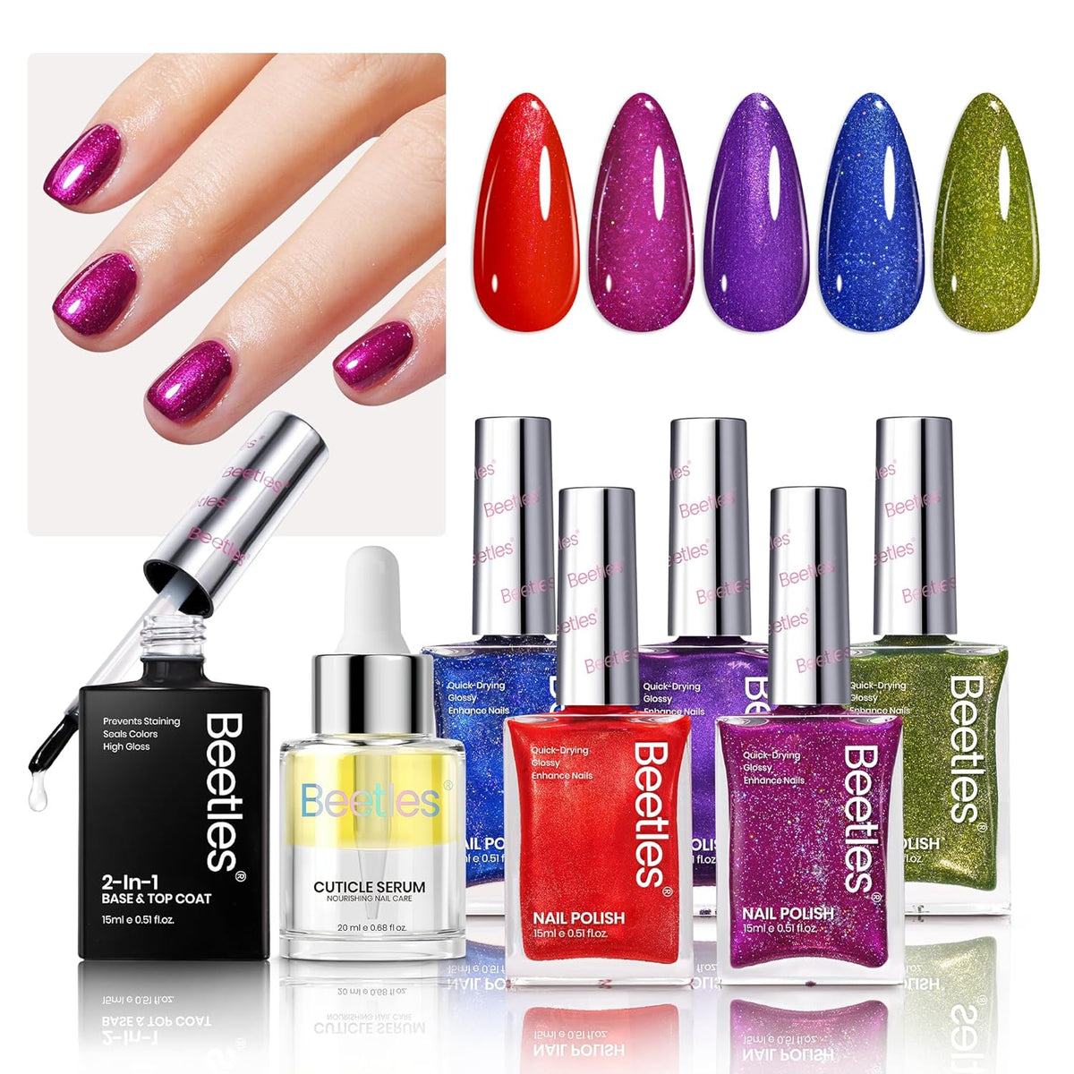 Beetles Glitter Nail Polish Set 7Pcs, Fast Drying & Long Lasting Red Blue Green Nail Polish with 2 IN 1 Base & Top Coat and Cuticle Serum 20ml, All-in-One Care 4th of July Nails Kit Gift Sets