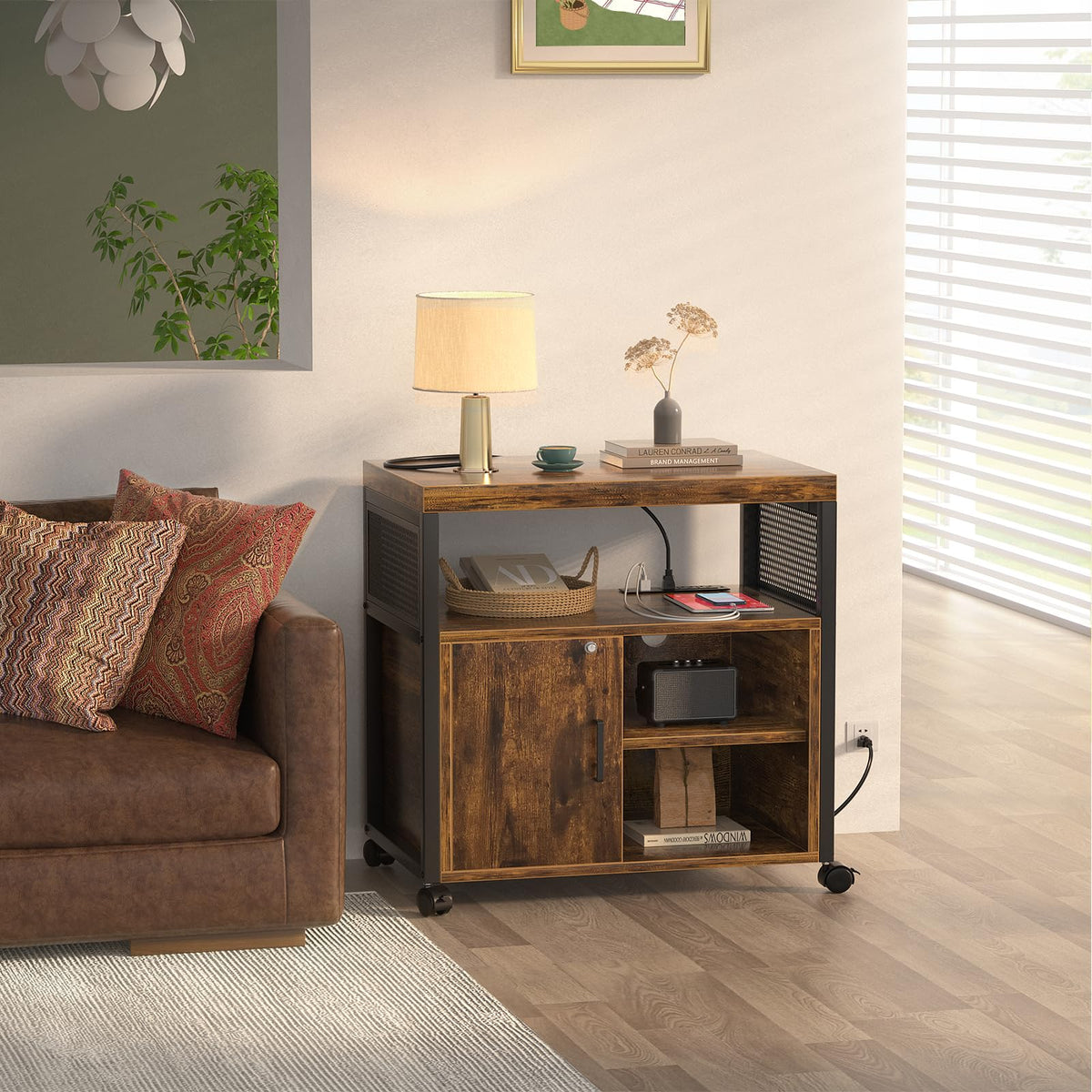 Unikito Lateral File Cabinet, Locking Office Filing Cabinets with Socket and USB Charging Port, Modern Rolling Printer Stand with Storage for A4, Letter Size and File Folders, Rustic Brown
