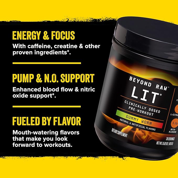 Beyond Raw LIT PreWorkout Powder Supplement For Men and Women, Energy, Focus, Endurance, Pumps, Nitric Oxide Boost, 250mg Caffeine, Creatine, Beta Alanine, Fruit Punch, 30 Servings