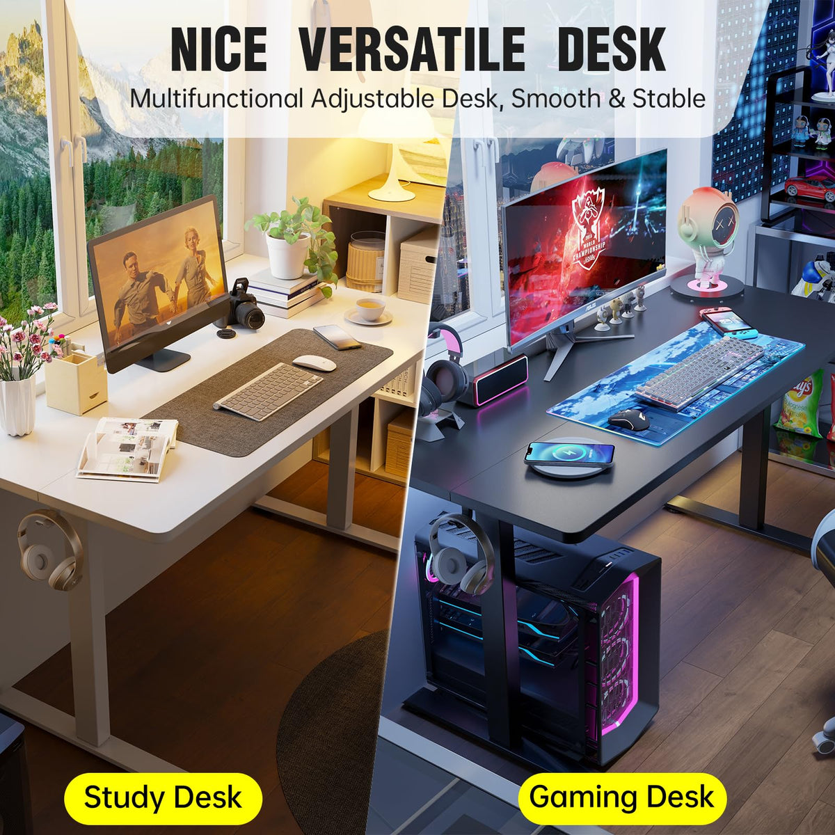 Veken 55 Inch Large Electric Standing Desk, 4 Memory Heights Adjustable,Sit to Stand Up, Work Home Office Computer Table for Study, Walking Pad, Writing, and Games, Wooden Desktop Desks, White