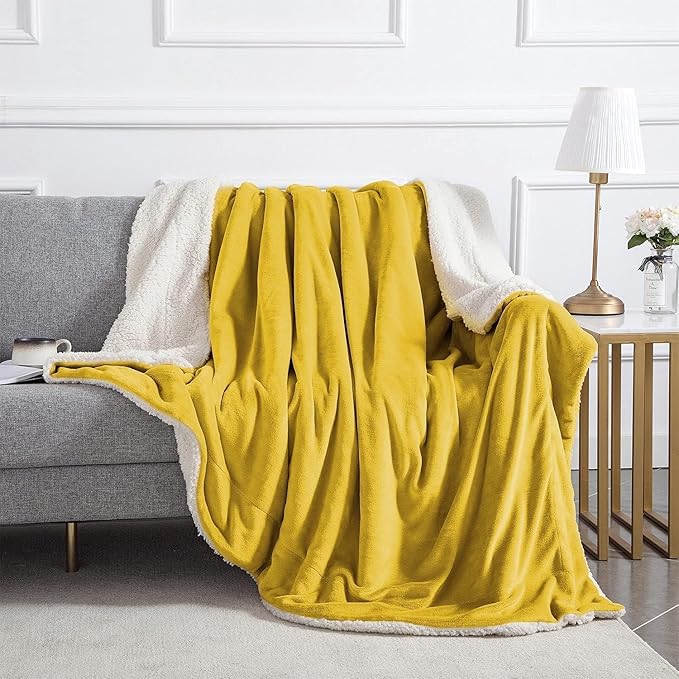 IR Imperial Rooms Ochre Sherpa Fleece Throw Blanket for Bed - Wholesale Bulk Pack of 16 Sherpa Blankets - Soft Fluffy Throw Blankets for Hotels, Guest Bedroom (Yellow, 50x60 Inches)