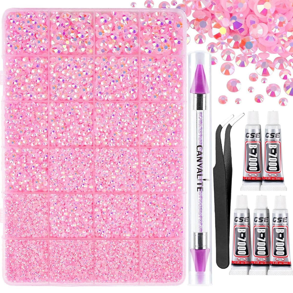 Canvalite 25000PCS Resin Jelly Rhinestones for Crafting, Pink AB Flatback Gems, Bedazzling Crystal with 5x2.5g B7000 Jewelry Glue and Tweezers Dotting Pen for DIY Crafts Clothing Shoes Nail Art