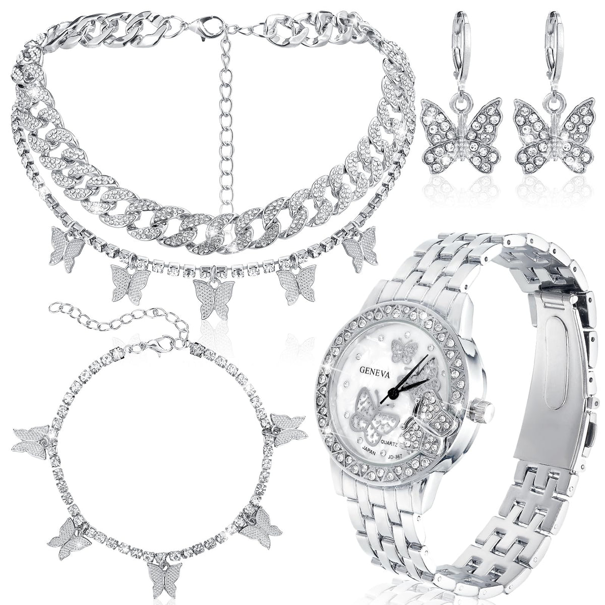 Huquary 4 Pcs Butterfly Hip Hop Jewelry Set Butterfly Link Chains Bling Rhinestone Watch for Man Artificial Diamond Necklace Bracelet Crystal Watch Sliver Bling Earrings