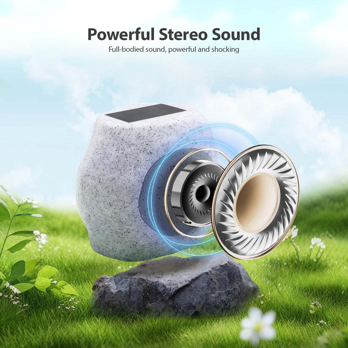 Reatsoc Outdoor Solar Rock Bluetooth Speakers with Colorful Lights, Deep Bass IPX4 Waterproof Speaker, Solar-Powered, TWS Paring, Perfect for Pool Garden and Outdoor Activities - Marble 2 Pack