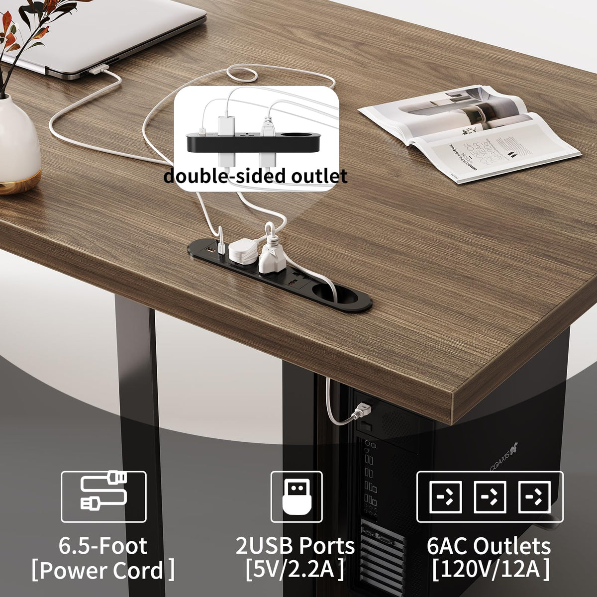MesaSync 60-Inch Large Executive Desk, Modern Minimalist Wooden Computer Office Desk Workstation with Extra Thick Tabletop and Built-in Power Outlet, Business and Home Office