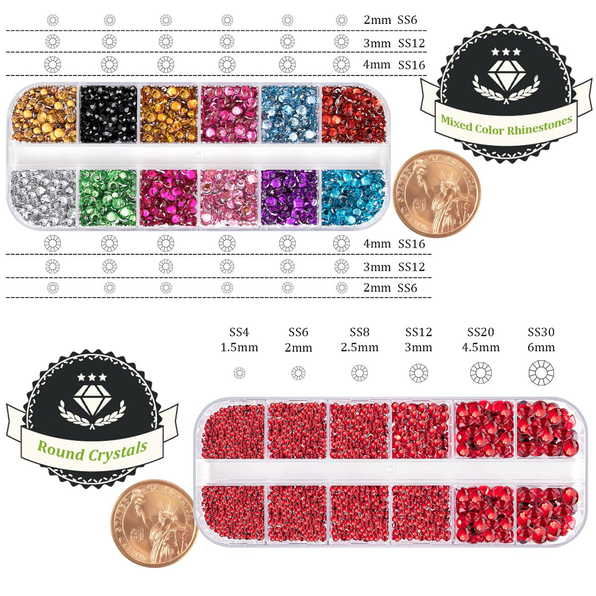 Two Packs of Flatback Rhinestones 4520 Pcs Colorful Nail Art Rhinestones Flatback Crystal Colorful+Red Rhinestone with Picker Pencil and Tweezer for Nail Art and Decoration