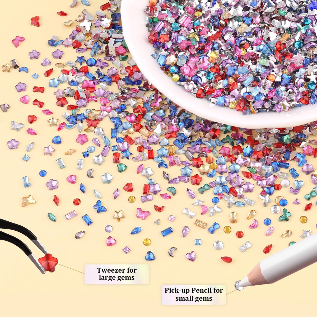 4700 PCS Muliti-Shape Colorful Rhinestones for Nail Art, 1.2-3 MM Resin Flatback Bedazzling Gems Mini Flower Bow Heart Star Butterfly, Kawaii Women Rhinestone Kit with Tweezers and Pickup Pencil