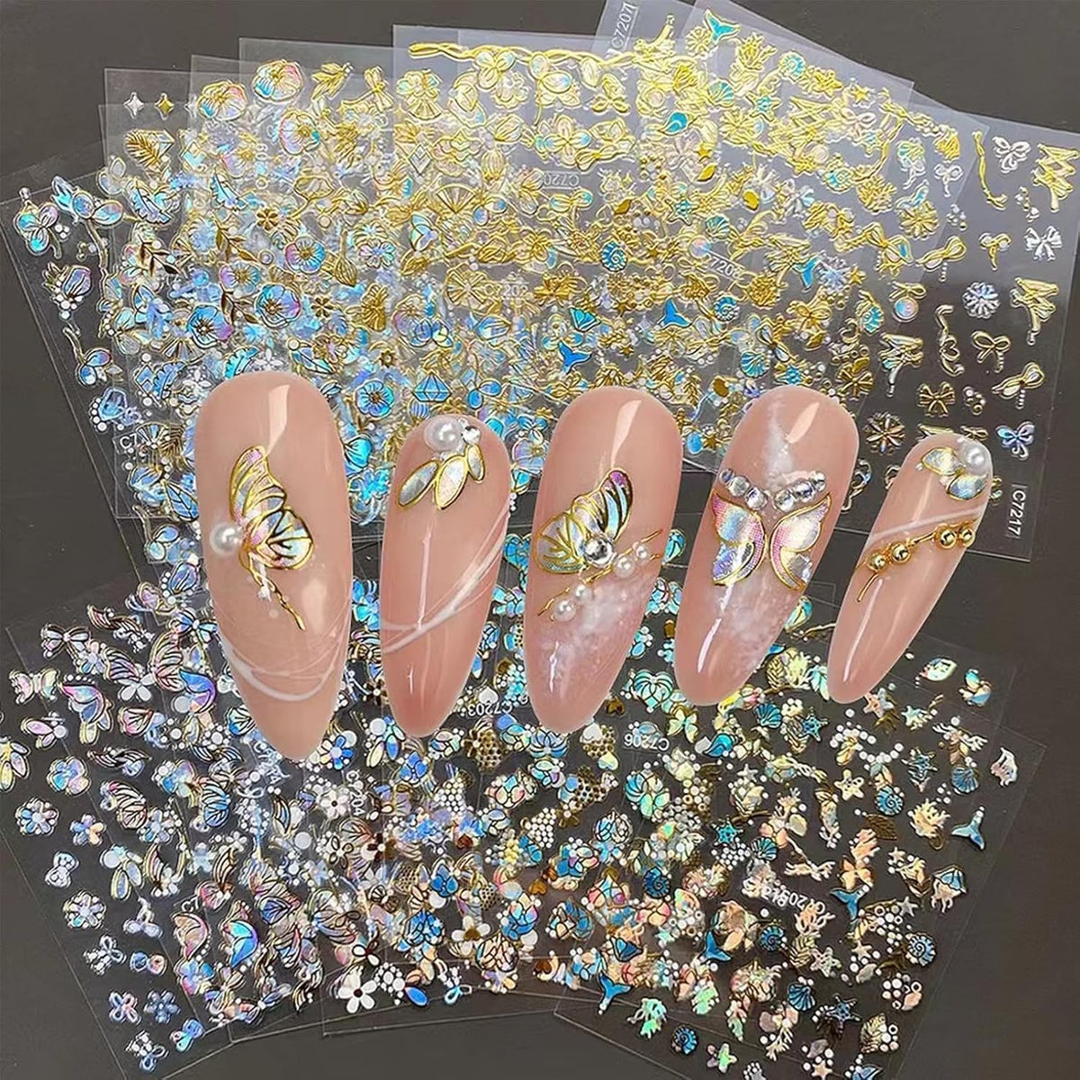 20 Sheets Butterfly Nail Stickers Y2k Gold 3D Self Adhesive Shiny Butterflies Nail Art Charms Decals Heart Nails Supplies Decoration Accessories (ST-GB)