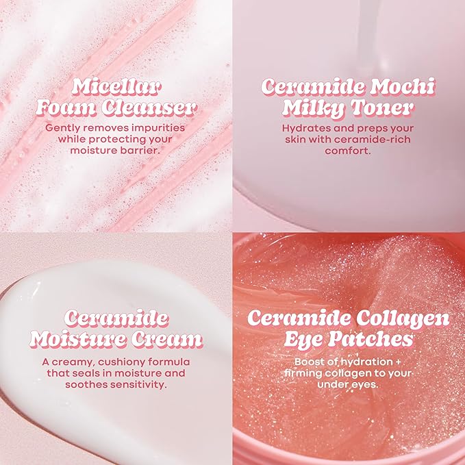 TONYMOLY Wonder Ceramide Mochi Essentials 4-Piece Skincare Set – Travel Toner, Cleanser, Cream & Eye Patches, Hydrating Korean Skincare Kit