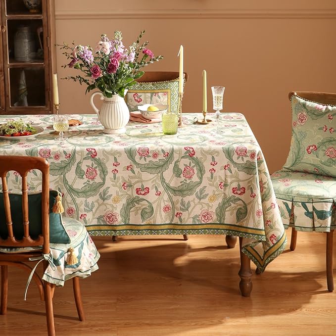 patdrea Designer Vintage Linen Long Rectangle Tablecloth,Green French Leaves Pattern Floral Table Cloth,Fall Decoration Cover for Kitchen Dining Christmas,Thanksgiving,63"x102"-Cecilia a