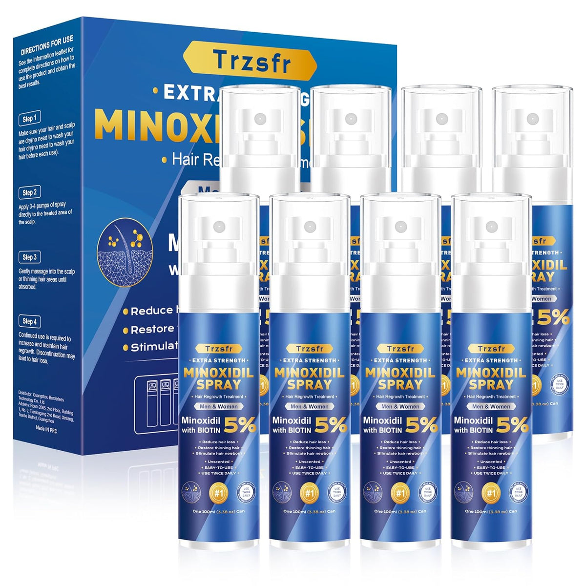 5% Minoxidil Spray for Men & Women - Hair Growth Serum & Hair Regrowth Treatment | Extra Strength with Biotin | 12-Month Supply 8-Pack (28 fl oz) | Clinically Proven for Hair Loss & beard growth