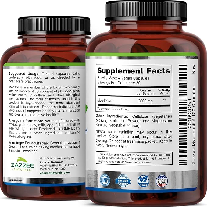 Zazzee Myo-Inositol Capsules, 2000 mg per Serving, 120 Vegan Capsules, Ideal Dosage for 40:1 Ratio, 100% Vegetarian, Hormone Balance & Healthy Ovarian Function Support, All-Natural and Non-GMO