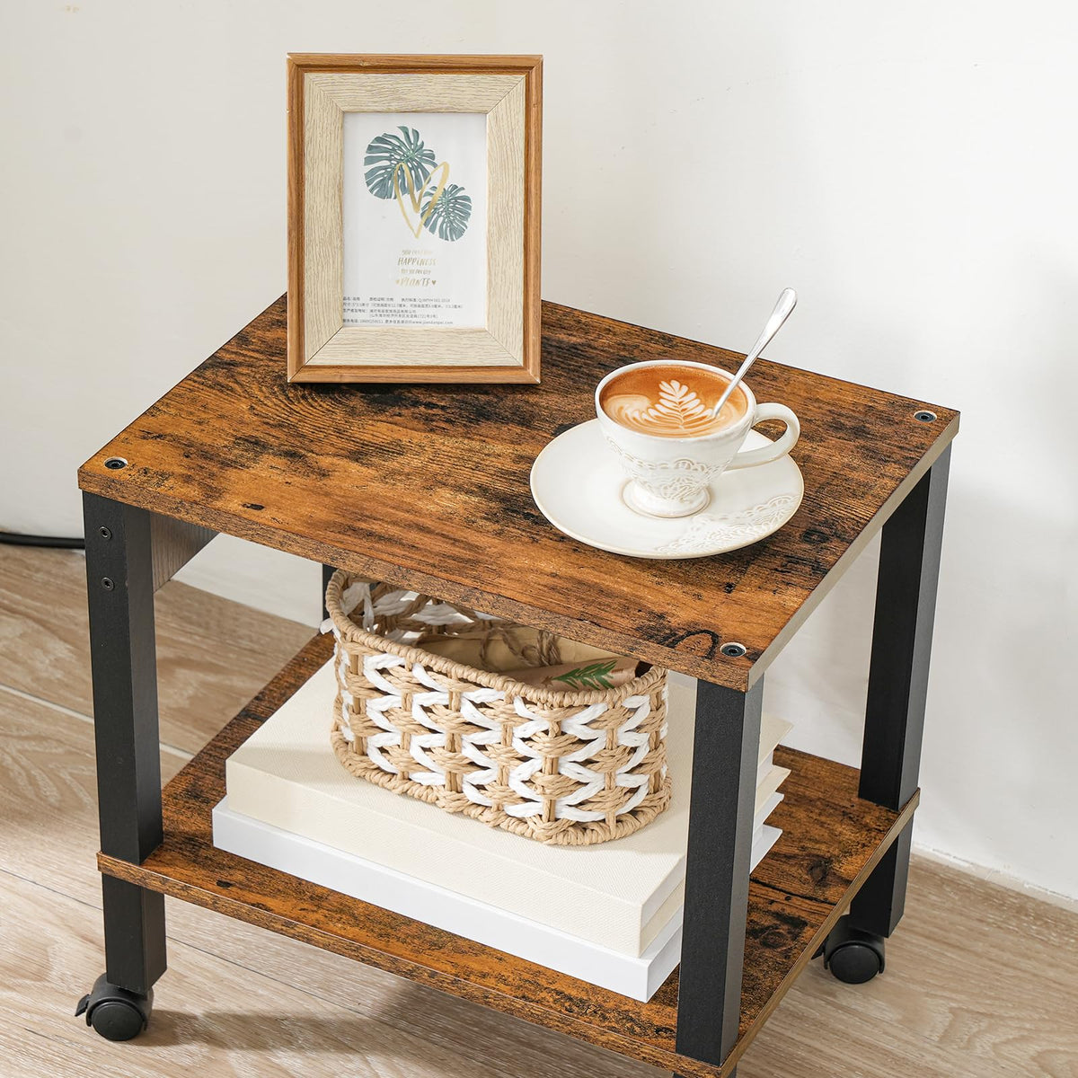 HOOBRO 2-Tier Printer Stand With Charging Station, Under Desk Table, Cart With Storage Shelves, Shelf for Small Spaces, Home Office, Rustic Brown and Black BF38UPS01
