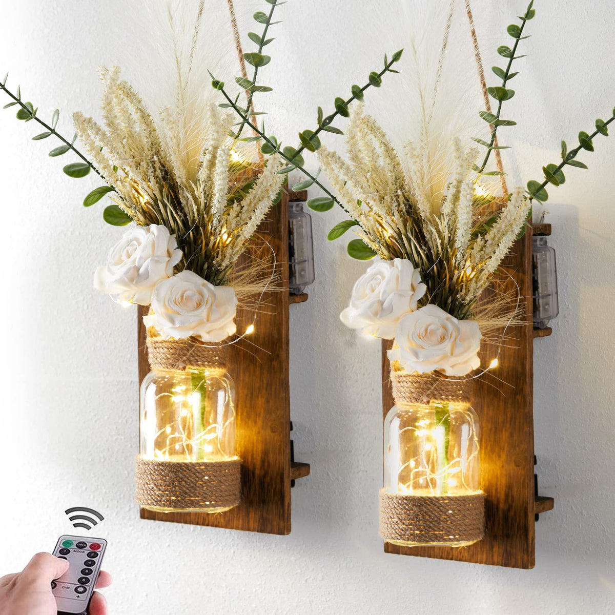 Anna's Whimsy 2PACK Mason Jar Sconce Wall Decor Rustic with Remote Control LED Fairy Lights - Artificial Flowers Spring Decorations for Home Bedroom Farmhouse(White Rose)